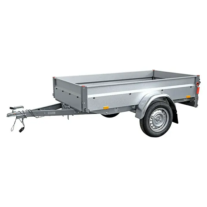 Stema Anhänger BASIC 750 Kippdeichsel - Nutzlast: 615 kg, Einachser, 201 x 108 x 33 cm, Ungebremst - Einachsanhänger mit silberfarbener Ladefläche und einem Rad, ideal für den Transport von Gütern.