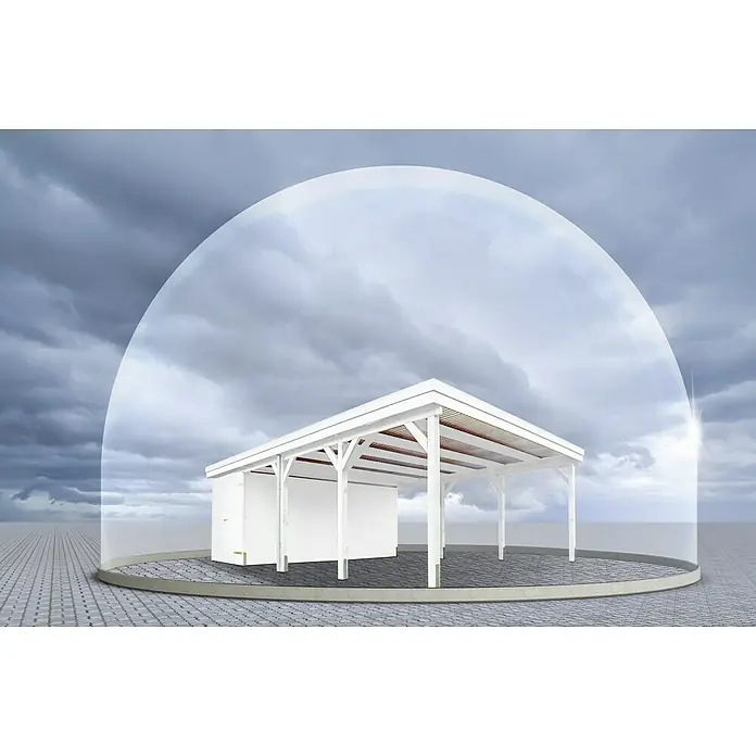 swingcolor Weißlack 3in1 - Weiß, Seidenglänzend, 750 ml, Lösemittelbasiert - Das Bild zeigt ein weißes Holzgebäude unter einer transparenten Kuppel, die es vor dem bewölkten Himmel schützt.