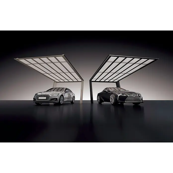 Ximax Carport Miro 7 Typ 60 - Außenmaß inkl. Dachüberstand (B x T): 2,69 x 5,12 m, Einzelcarport, Schwarz/Silber - Zwei Autos unter modernen Carports. Der Carport schützt stilvoll die Fahrzeuge, ein Audi und ein Lexus, vor Wettereinflüssen.