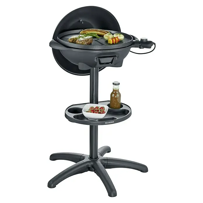 Severin Elektrogrill eBBQ PG 8541 - Durchmesser Grillfläche: 41 cm, 2 kW - Abbildung eines elektrischen Severin-Grills auf einem Ständer, auf dem Speisen zubereitet werden, perfekt für Outdoor-Kochbegeisterte.