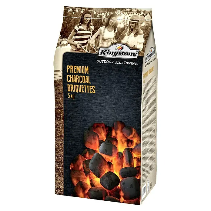 Kingstone Grillbriketts Premium - 5 kg - Abbildung einer Packung Kingstone Premium Holzkohlebriketts mit dem Gewicht von 5 kg, ideal für ein gemütliches Outdoor-Grillen.