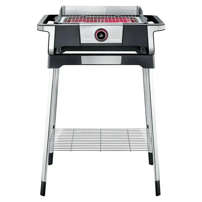Severin Elektrogrill PG 8118 - Grillfläche (B x T): 41,5 x 24 cm, 3 kW - Das Bild zeigt einen Severin Elektrogrill mit digitaler Temperaturanzeige auf einem praktischen Untergestell mit Ablagefläche.