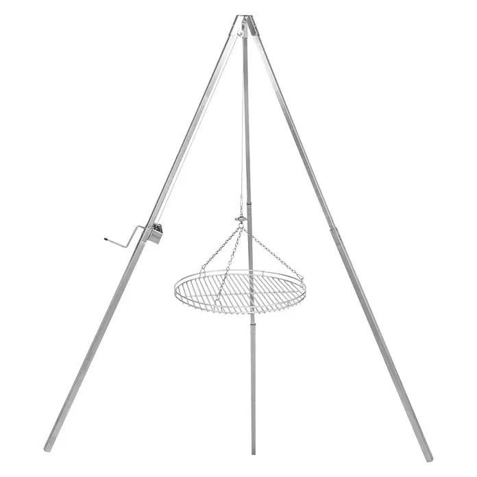 Schwenkgrill - Durchmesser Grillfläche: 60 cm, Höhe: 25 cm - Silberner Grill-Dreibein mit Grillrost und Kurbel. Ideal zum Grillen im Freien über offenem Feuer.