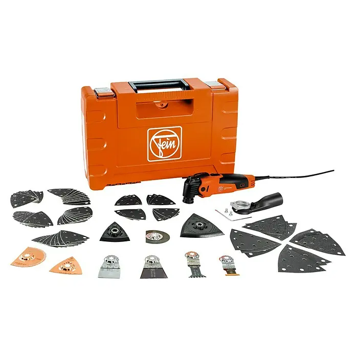 Fein Elektro-Multifunktionswerkzeug MultiMaster MM 500 Plus - 350 W, STARLOCK-System - Ein orangefarbener Fein Multimaster Werkzeugkoffer mit einer Auswahl an Zubehör und Werkzeugen, ideal für Profis und Heimwerker.