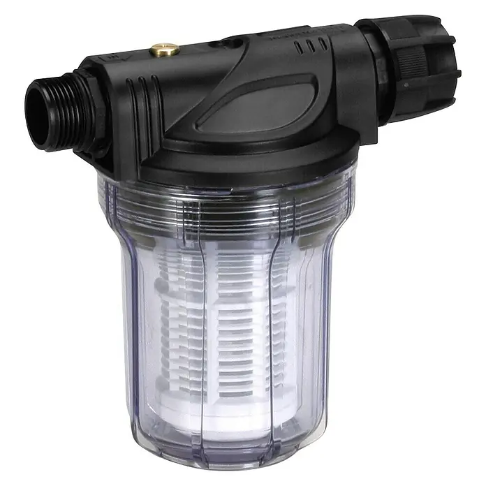 Gardena Hauswasserwerk-Vorfilter mit max. Wasserdurchsatz von 3000 l/h - Größe Anschluss: 33,3 mm (G 1″), Kunststoff - Aufnahme eines Wasserfiltergehäuses mit einem transparenten Behälter, das ein weißes Filtermaterial enthält.