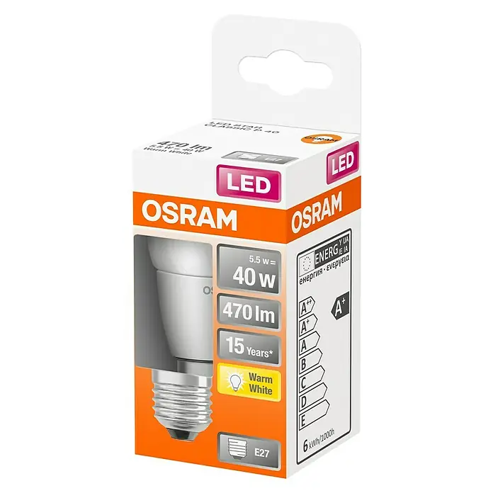 Osram Star Bombilla LED CLP40 - E27, No regulable, Blanco cálido, 470 lm, 5,5 W - Primer plano de una bombilla LED OSRAM con base E27, potencia de 5,5 W, flujo luminoso de 470 lúmenes y una vida útil de 15 años.