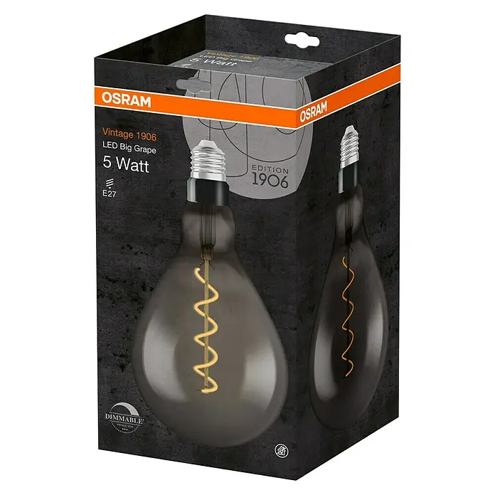 Osram Bombilla LED - E27, Intensidad regulable, Blanco cálido, 150 lm, 4 W, Color: Claro/Negro, Pera - Primer plano del embalaje de una bombilla OSRAM Vintage 1906 LED Big Grape de 5 vatios, con un diseño de filamento decorativo.