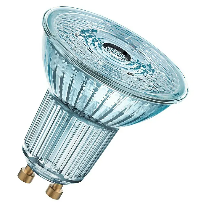 Osram Star LED-Lampen Set Reflektor GU10 - GU10, Nicht Dimmbar, Warmweiß, 230 lm, 2,6 W, 3 Stk. - Nahaufnahme einer MR16-Halogenlampe mit klarem Glas, die ihre internen Komponenten und den GU5.3-Sockel zeigt.