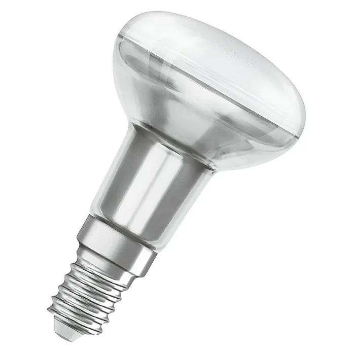Osram Star Bombilla LED R50 - E14, No regulable, Blanco cálido, 345 lm, 4,3 W - Primer plano de una bombilla reflectora plateada con base de rosca sobre fondo negro, destacando su diseño de iluminación.