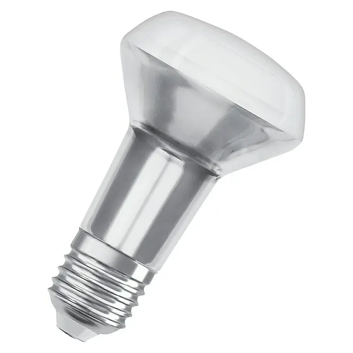 Osram Star LED-Lampen Set Star R63 E27 - E27, Nicht Dimmbar, Warmweiß, 210 lm, 2,6 W, 2 Stk. - Nahaufnahme einer Reflektorlampe mit E27-Sockel, ideal für Akzentbeleuchtung und energieeffiziente Lichtlösungen.