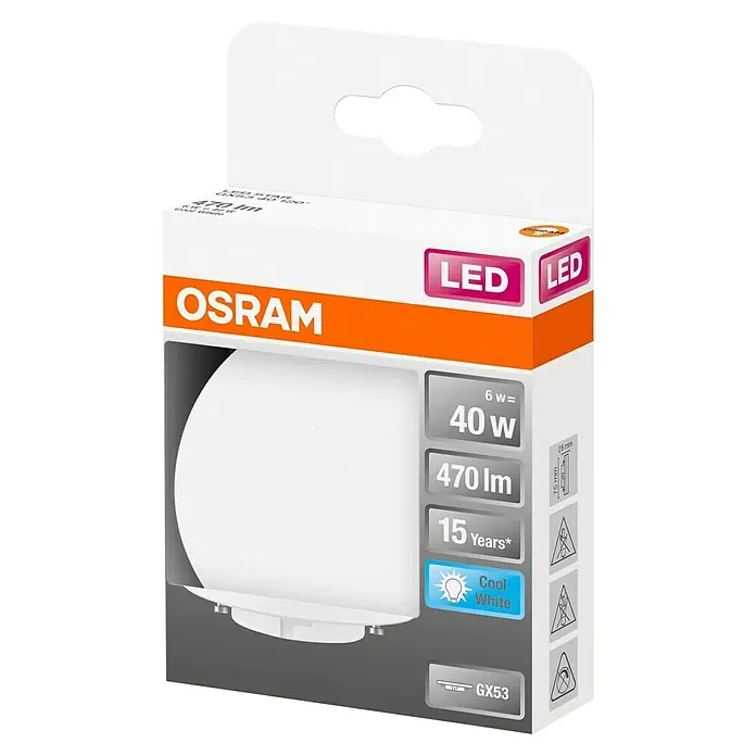 Osram Star LED-Lampe - GX53 , Nicht Dimmbar, Kaltweiß, 470 lm, 4,9 W - Nahaufnahme einer Osram LED-Lampe mit 6W, die 40W entspricht und 470 Lumen liefert. Sie hat eine Lebensdauer von 15 Jahren und ein kühles, weißes Licht.