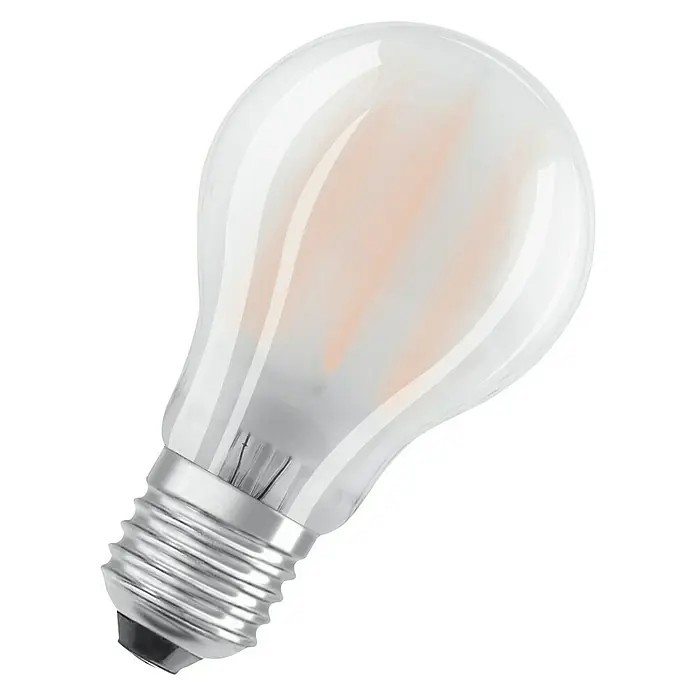 Osram Retrofit LED-Leuchtmittel Glühlampenform E27 matt - E27, Dimmbar, Kaltweiß, 1.055 lm, 7,5 W - Nahaufnahme einer LED-Lampe mit mattiertem Glaskolben und silberfarbener Fassung vor schwarzem Hintergrund.