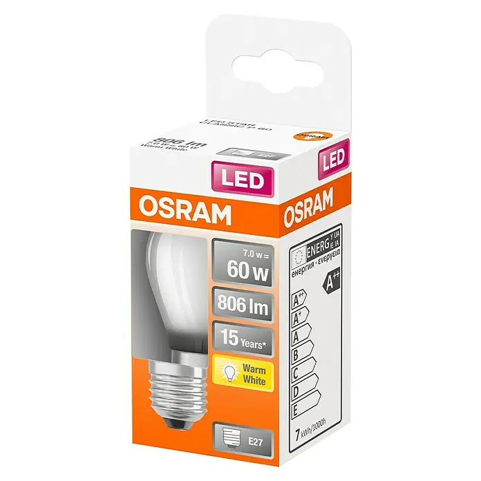 Osram Retrofit Bombilla LED Classic P 60 - E27, No regulable, Blanco cálido, 806 lm, 7 W - La imagen muestra una bombilla LED Osram en su embalaje. El embalaje destaca la eficiencia energética y la larga vida útil de la bombilla.