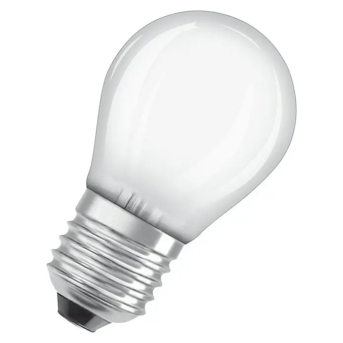 Osram Retrofit Bombilla LED Classic P 60 - E27, No regulable, Blanco cálido, 806 lm, 7 W - Primer plano de una bombilla LED E27 con globo de vidrio esmerilado y base plateada sobre fondo negro.