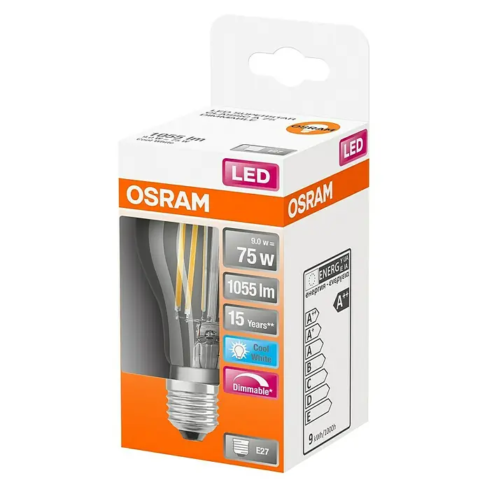 Osram Retrofit LED-Lampe Glühlampenform E27 matt - E27, Dimmbar, Kaltweiß, 1.055 lm, 9 W - Eine OSRAM LED-Lampe, die 75W entspricht, mit 1055 Lumen und E27 Sockel. Sie ist dimmbar und hat eine Lebensdauer von 15 Jahren.