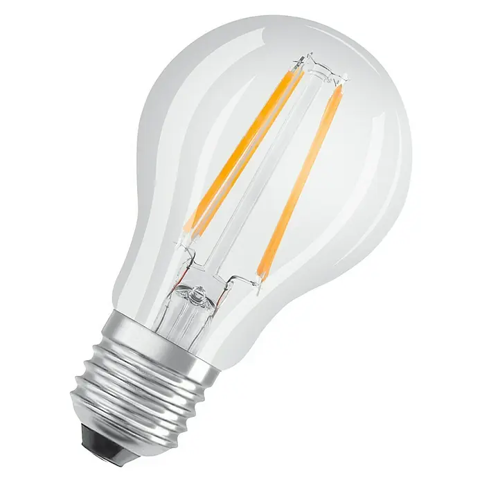 Osram Star LED-Lampen Set Glühlampenform E27 - E27, Nicht Dimmbar, Warmweiß, 806 lm, 7 W, 5 Stk., Klar - Nahaufnahme einer klaren LED-Glühbirne mit sichtbaren Filamenten vor einem schwarzen Hintergrund.
