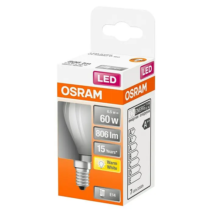 Osram Retrofit Bombilla LED Classic P 60 - E14, No regulable, Blanco cálido, 806 lm, 4 W - Lámpara LED Osram en su embalaje. La lámpara es energéticamente eficiente, tiene luz blanca cálida y una larga vida útil de 15 años.