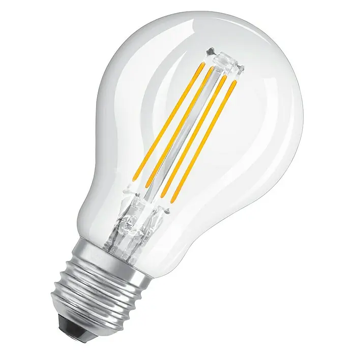 Osram Retrofit Bombilla LED Classic P 60 - E27, No regulable, Blanco cálido, 806 lm, 6 W - Una bombilla LED transparente con filamentos visibles, que promete un brillo cálido y acogedor. Ideal para crear ambiente.