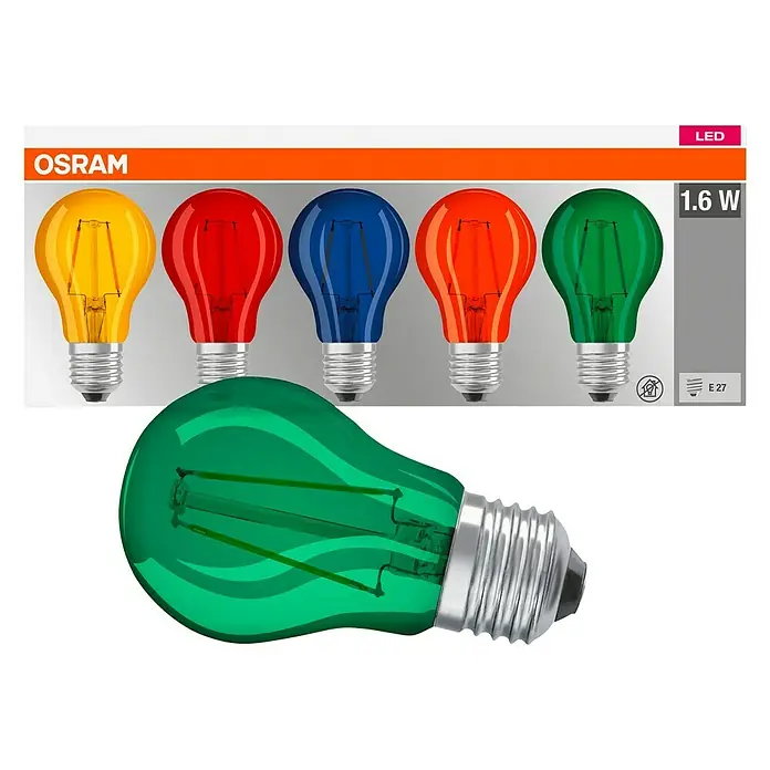 Osram Star LED-Lampe - E27, Nicht Dimmbar, Mehrfarbig, 10 lm, 5 Stk. - Das Bild zeigt eine OSRAM LED-Lampe in verschiedenen Farben, darunter Gelb, Rot, Blau, Orange und Grün.