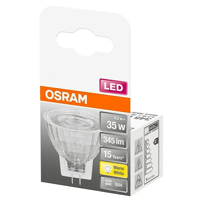 Osram Star LED-Lampe - GU4, Nicht Dimmbar, Warmweiß, 345 lm, 3,5 W - Bild einer OSRAM LED-Lampe GU4, warmweiß, 35W, 345 lm und einer Lebensdauer von 15 Jahren. Energieeffizienz A+.