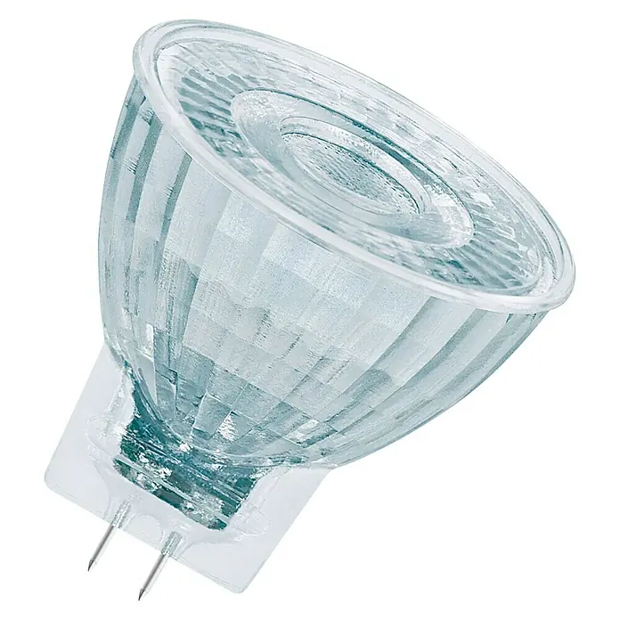 Osram Star LED-Lampe - GU4, Nicht Dimmbar, Warmweiß, 345 lm, 3,5 W - Nahaufnahme einer MR16-Halogenlampe mit klarem Glas und zweipoligem Stecker, ideal für Akzentbeleuchtung.