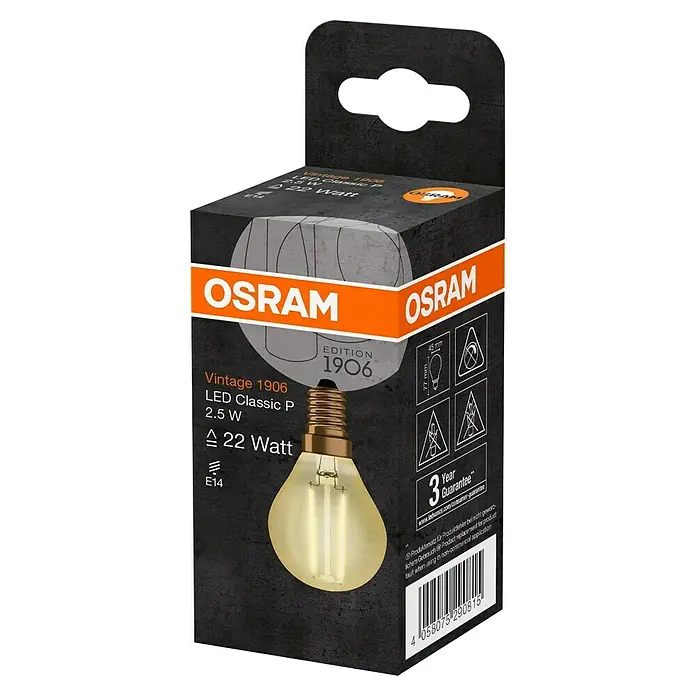 Osram LED-Lampe Vintage Edition 1906 Tropfenform E14 CLP22 - E14, Nicht Dimmbar, Warmweiß, 220 lm, 2,5 W - Verpackung einer Osram Vintage 1906 LED Classic P 2.5 W Lampe, die ein warmes, nostalgisches Licht mit 22 Watt Äquivalent bietet.