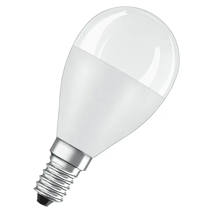 Osram Star LED-Lampe - E14, Nicht Dimmbar, Warmweiß, 806 lm, 7,5 W - Nahaufnahme einer E14 LED-Lampe mit mattem Glaskolben und einem kleinen Edison-Schraubsockel vor einem schwarzen Hintergrund.