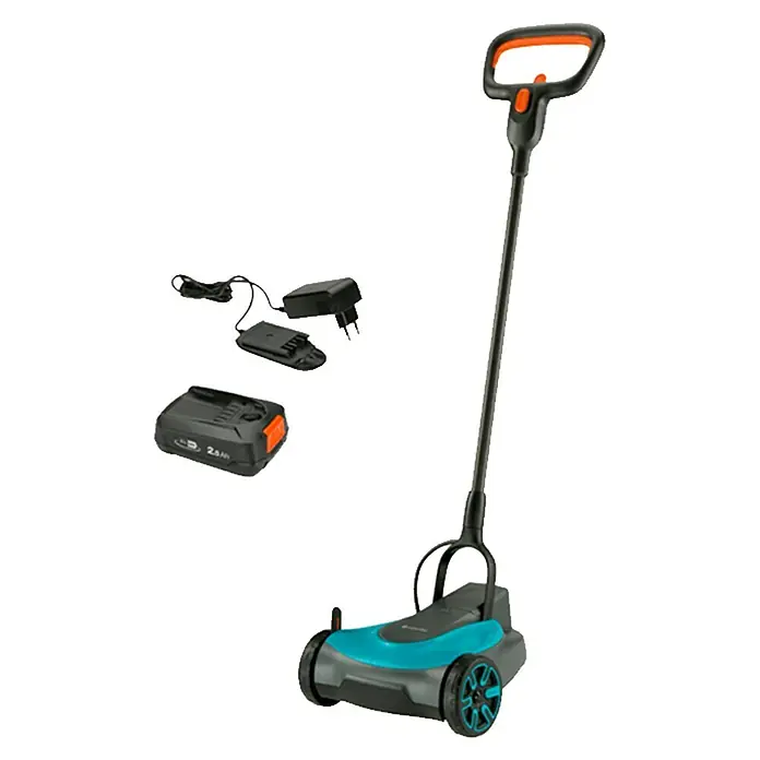 Gardena Power for All 18V Akku-Rasenmäher - 18 V, 1 Akku, 2,5 Ah, Schnittbreite: 22 cm - Abbildung eines Gardena Akku-Rasentrimmers mit Akku und Ladegerät für müheloses Trimmen und Kantenschneiden im Garten.