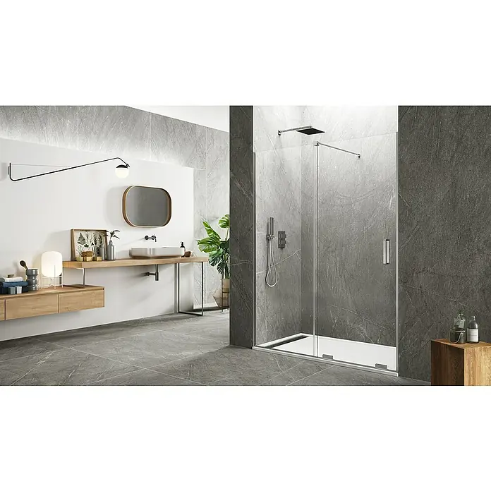 GME Mampara de ducha frontal Kenna - 155 x 195 cm, Espesor de vidrio: 8 mm, Plata brillo - Diseño de baño elegante con una mampara de ducha moderna de líneas limpias y estilo minimalista, perfecto para un ambiente contemporáneo.