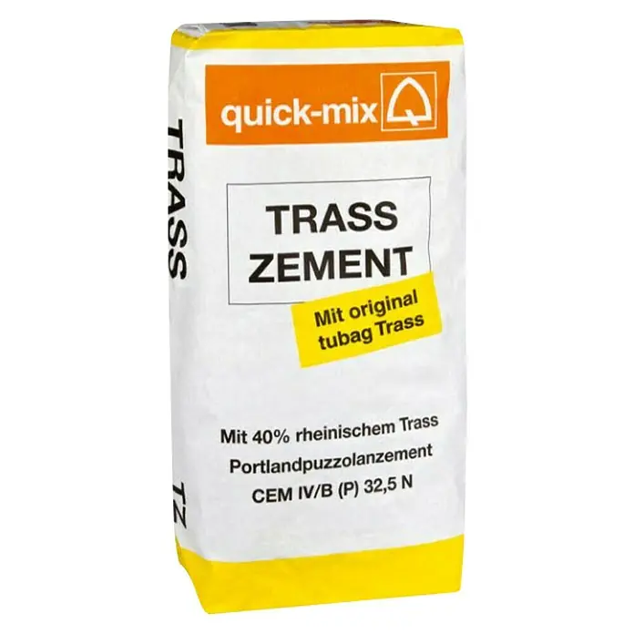 Quick-Mix Trasszement - 25 kg, Chromatarm - Nahaufnahme eines Sackes Quick-Mix Trasszement mit der Aufschrift "Mit original tubag Trass".