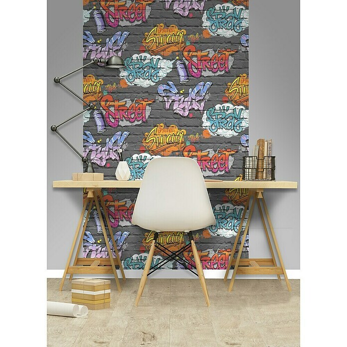 Dutch Wallcoverings Papierbehang Bakstenen Zwart/Graffiti (Zwart, Steenlook, 10 x 0,53 m) | BAUHAUS
