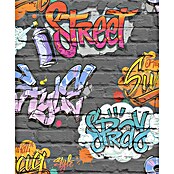 Dutch Wallcoverings Papierbehang Bakstenen Zwart/Graffiti (Zwart, Steenlook, 10 x 0,53 m) | BAUHAUS