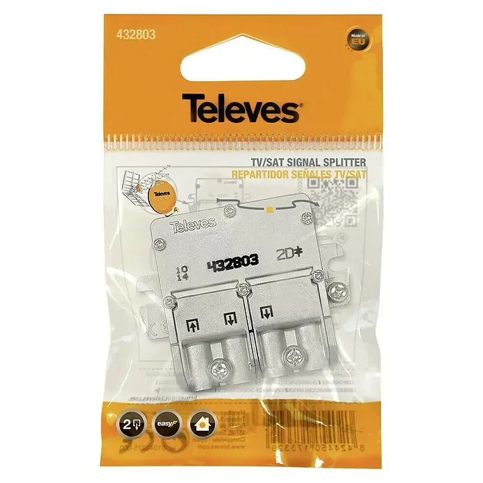Televés Distribuidor EasyF 2D - x 2, Tipo de conexión: Conector F - Divisor de señal Televes TV/SAT 432803 en su embalaje. Para la distribución de señales de TV y satélite.