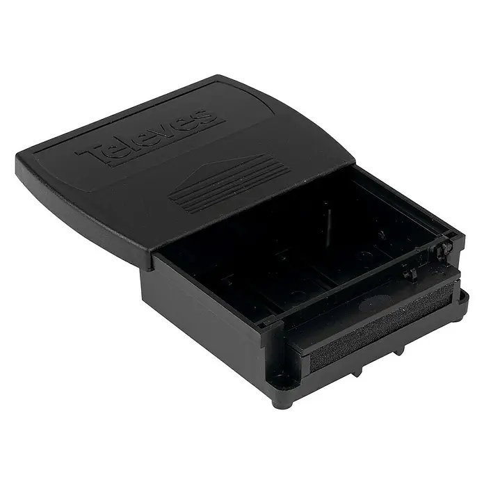 Televés Caja térmica modelo pequeño - 27 x 92 x 66 mm, Plástico - Esta es una foto de una caja negra de Televes con la tapa abierta.