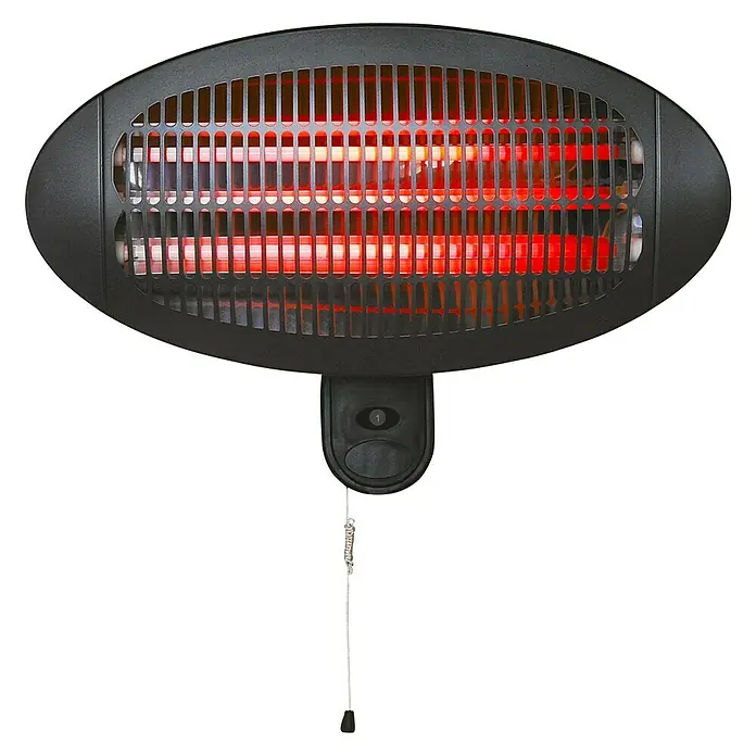Estufa de exterior de cuarzo - Altura: 24,2 cm, Plástico - Esta imagen muestra un calentador radiante con una carcasa negra y elementos de calefacción rojos, que proporciona una fuente de calor reconfortante.