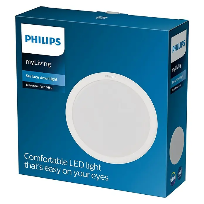 Philips Plafón LED redondo para pared y techo Meson - 17 W, Ø x Al: 17 x 5,3 cm, Blanco, Blanco neutro - Primer plano del embalaje de un downlight LED Philips MyLiving Meson Surface D150, que promete una iluminación cómoda y suave para la vista.