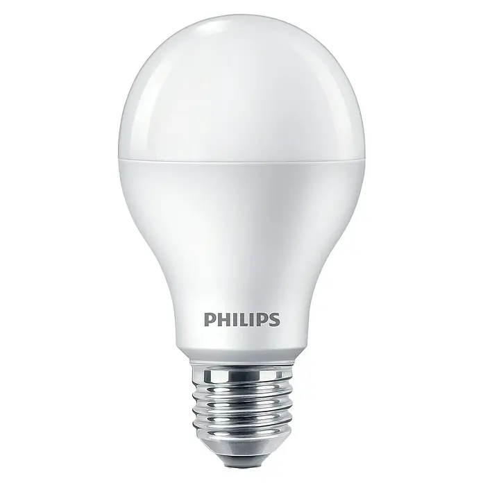 Philips Bombilla LED Pack - E27, No regulable, Blanco frío, 1.521 lm, 13 W - Primer plano de una bombilla LED Philips con un difusor blanco mate, diseñada para proporcionar una luz suave y uniforme para una iluminación confortable.