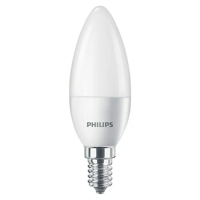 Philips Bombilla LED Vela y lustre - E14, No regulable, Blanco frío, 470 lm, 40 W - Primer plano de una bombilla LED de vela blanca Philips con base E14, ideal para crear un ambiente acogedor.