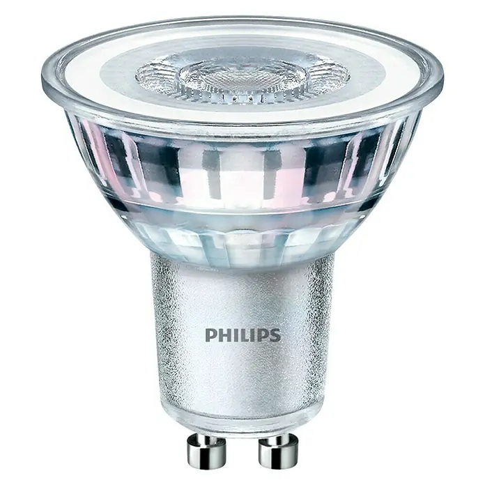 Philips Bombilla LED Foco - GU10, Blanco frío, 390 lm, 4,6 W - Primer plano de una bombilla LED Philips sobre un fondo negro.
