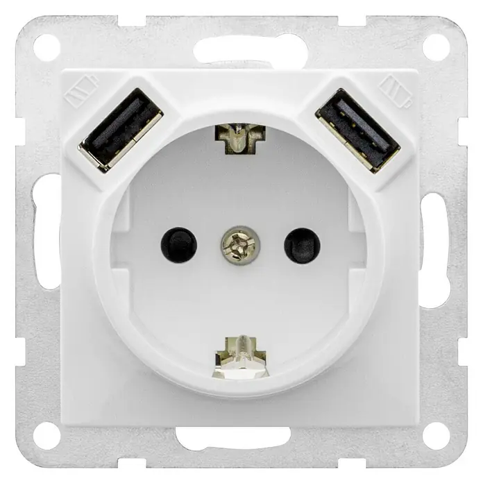 BJC Viva Enchufe con USB - Blanco, Plástico, 16 A - Enchufe con dos puertos USB para cargar dispositivos y tomas de enchufe. Práctico y moderno.