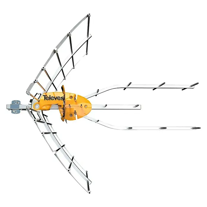 Televés Antena Ellipse UHF 2DD - An x Al: 40 x 56 cm - Imagen de antena que muestra una antena Televes, con su carcasa naranja y elementos metálicos plateados.