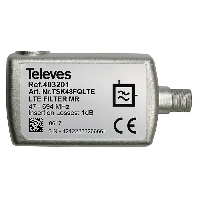 Televés Filtro LTE 5G MR con paso de DC - Plateado, 1 ud. - Imagen de un filtro LTE MR Televes, modelo Ref.403201, diseñado para reducir las interferencias en el rango de frecuencia de 47-694 MHz.