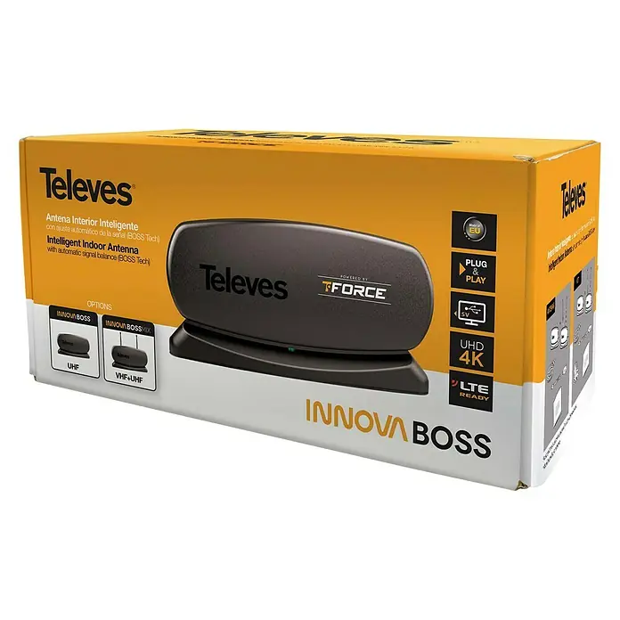 Televés Antena Innova Boss - 10 x 10 x 21 cm, Negro - Antena Televes Innova BOSS con UHD 4K y LTE Ready, una antena interior, para una recepción óptima y equilibrio automático de señal.