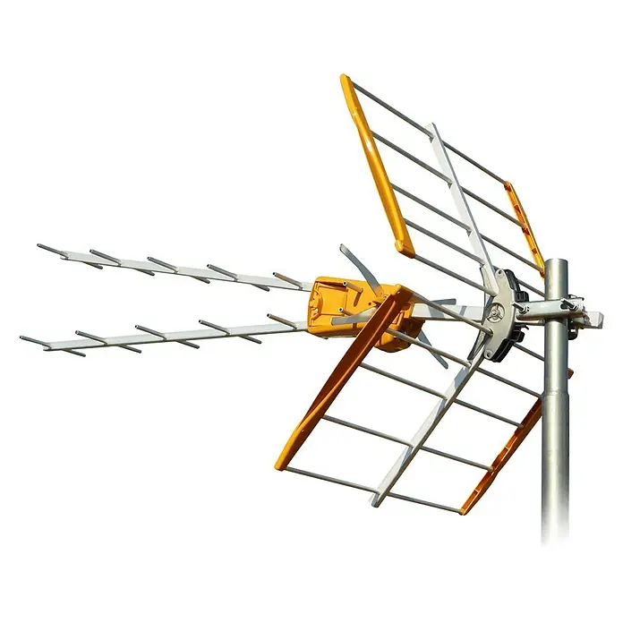 Televés Antena V Zenit - Plateado/Naranja - Primer plano detallado de una moderna antena de TV con detalles amarillos, diseñada para una recepción de televisión de alta calidad.