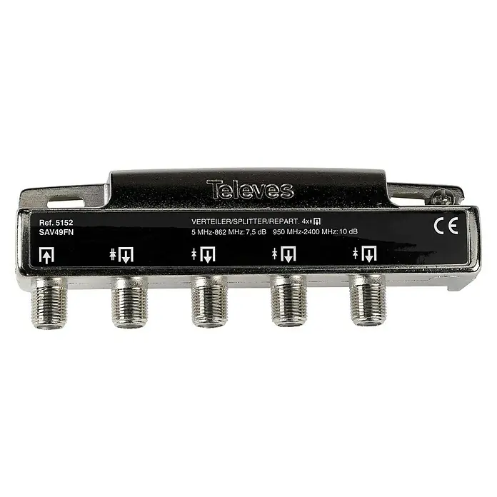 Televés Distribuidor F 4D - x 4, Tipo de conexión: Conector F - Splitter Televes SAV49FN con 5 puertos para frecuencias de 5 MHz a 2400 MHz, ideal para señales de TV y satélite.