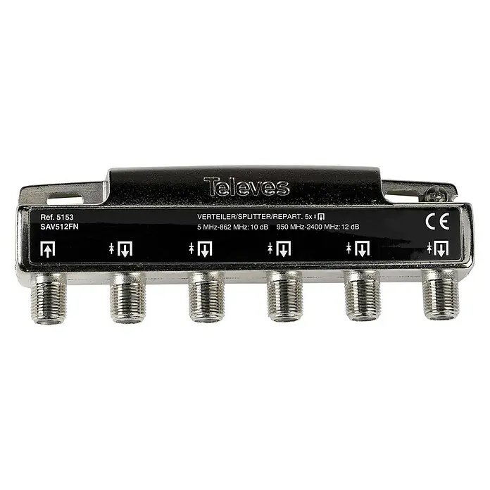 Televés Distribuidor F 5D - x 5, Tipo de conexión: Conector F - Imagen de un divisor/repartidor de 5 vías Televes, diseñado para su uso en el rango de frecuencia de 5 MHz a 2400 MHz.