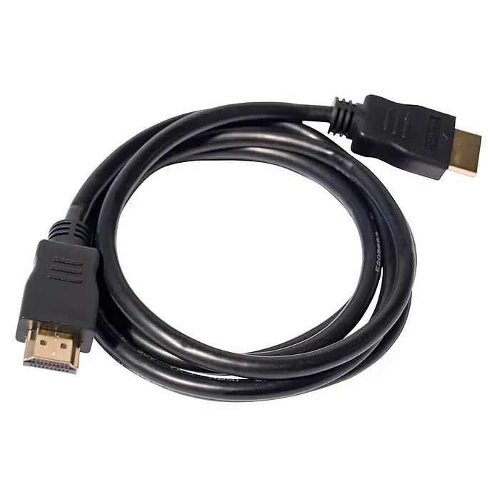 Televés Cable HDMI M-M - Negro, Largo: 1,5 m - Primer plano de un cable HDMI negro con conectores chapados en oro sobre un fondo negro.