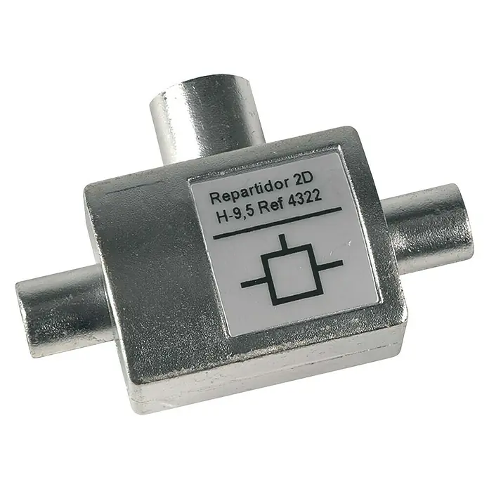 Televés Distribuidor enchufable CEI 2D - Tipo de conexión: Macho - Hembra - Primer plano de un divisor de 2 vías plateado con etiquetado y tres salidas, utilizado para televisión por cable y televisión por satélite.
