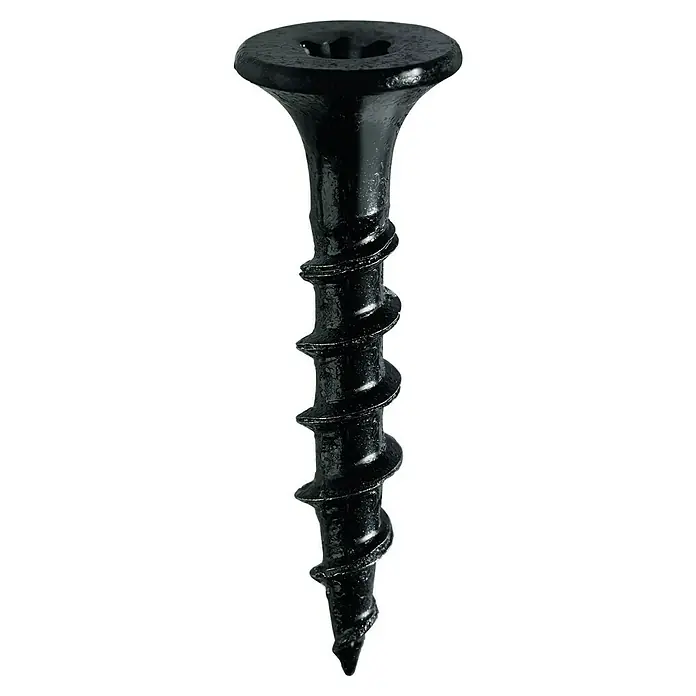 Probau Schnellbauschraube SpeedSpin - Durchmesser: 3,9 mm, Länge: 25 mm, 1.000 Stk., Grob-Gewinde - Nahaufnahme einer einzelnen schwarzen Trockenbauschraube mit scharfen Gewinden und einem Senkkopf, ideal für Bauprojekte.