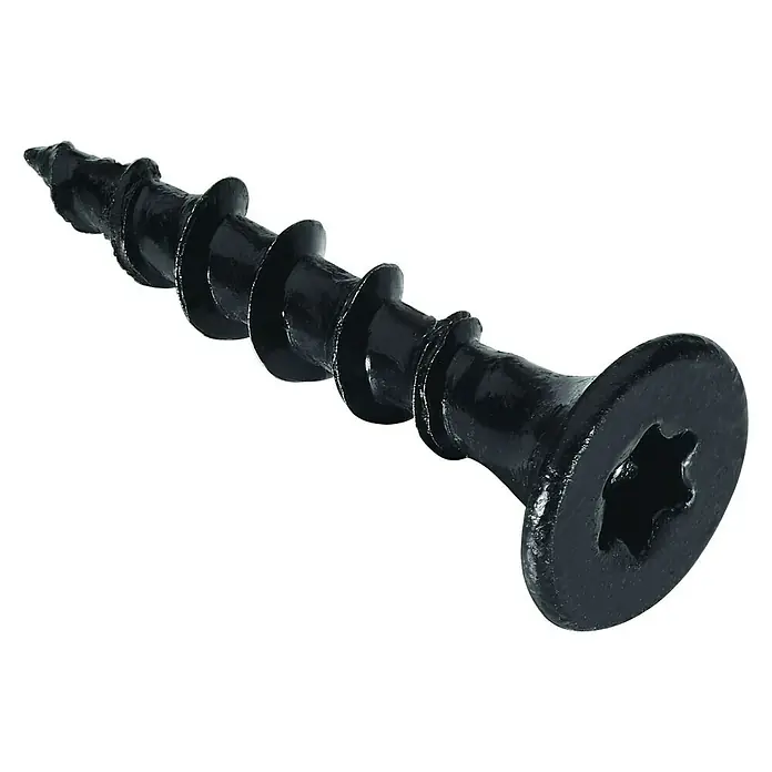Probau Schnellbauschraube SpeedSpin - Durchmesser: 3,9 mm, Länge: 25 mm, 1.000 Stk., Grob-Gewinde - Nahaufnahme einer schwarzen Trockenbauschraube mit Torx-Antrieb und scharfer Spitze auf schwarzem Hintergrund.